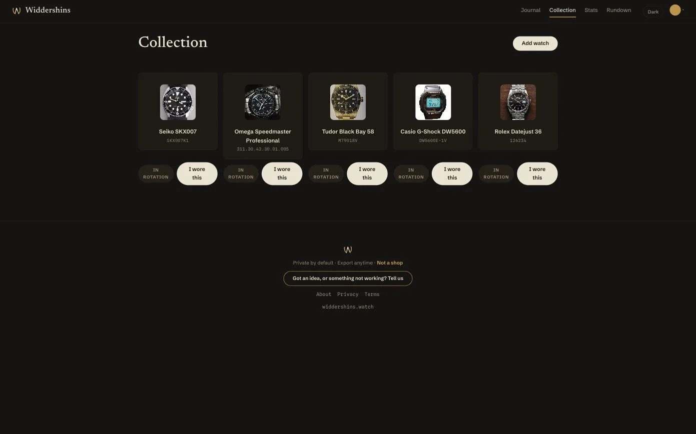 Collection view listing five watches, each with its own reference number and an “I wore this” button